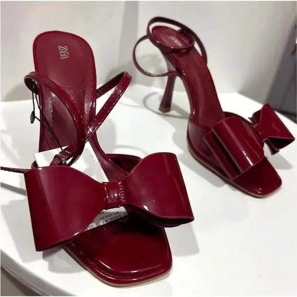 ZARA Red Embellished Heels NWT | Maxi Bow Strap Patent Finish - Picture 7 of 16